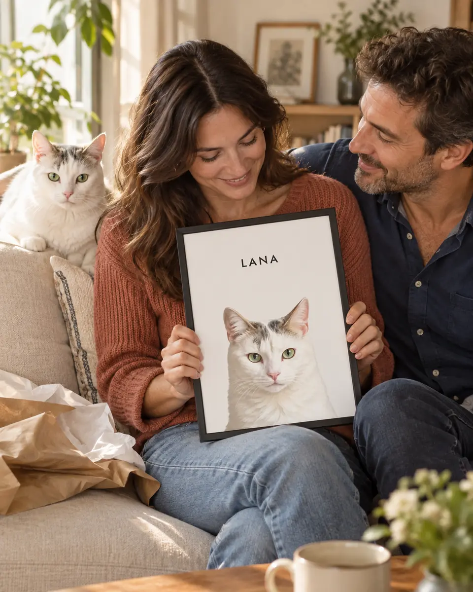 Un couple découvre le portrait encadré de Lana, leur chat installé à leurs côtés