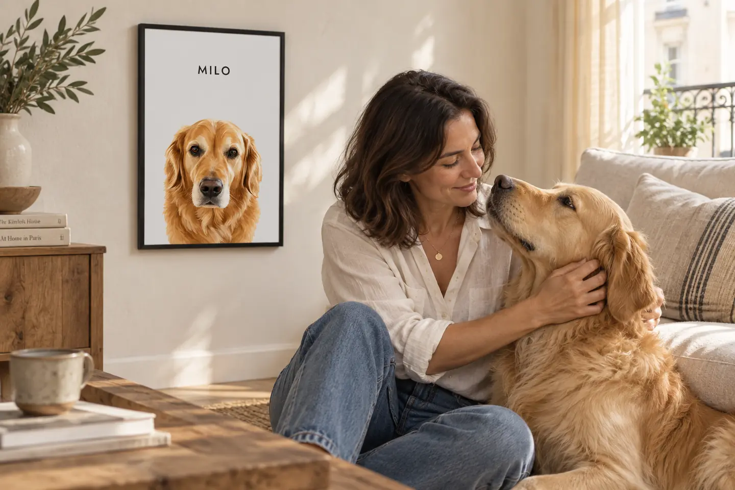 Une femme câline son golden retriever sous le portrait encadré de Milo